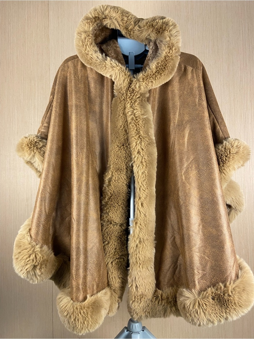 Camel Brown Hooded Faux Fur Trim Cape Cloak Oversized One Size